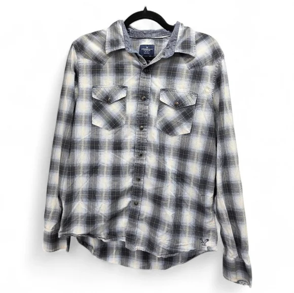 American Eagle Slim Fit Plaid Flannel Shirt Men's M Gray Cotton Button Up Grunge - Picture 1 of 7